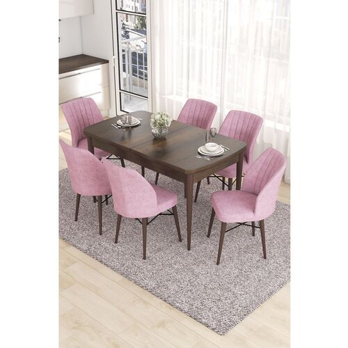 Hanah home Eva - Baroque, Pink BaroquePink Extendable Dining Table & Chairs Set (7 Pieces) Cene