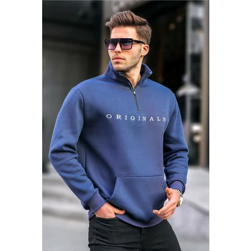 Madmext Navy Blue Zipper Collar Embroidered Sweatshirt 6028