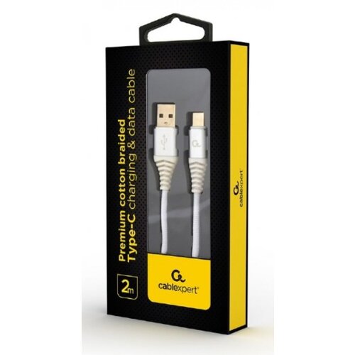 Cablexpert CC-USB2B-AMCM-2M-BW2 Premium cotton braided Type-C USB charging -data cable,2m, silver/white Cene