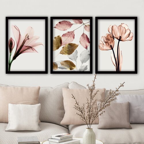  Tri slike cvijeća s okvirom 35x45 cm roze Slike