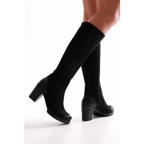 Shoeberry Women's Daen Black Genuine Suede Leather Heeled Boots Black Genuine Suede Leather