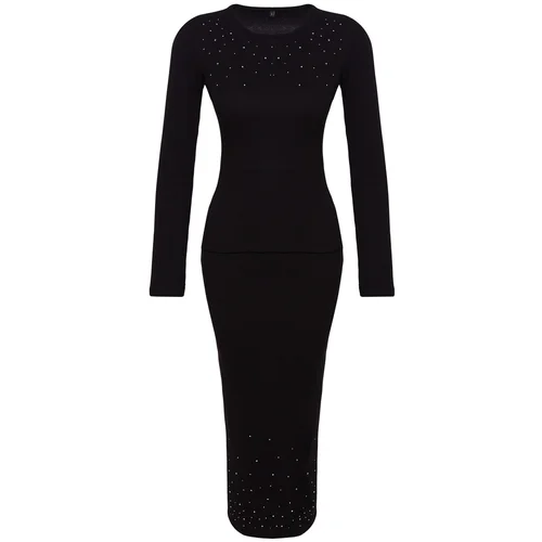 Trendyol Black Stone Detailed Slim/Fitting Midi Knitted Bottom-Top Set