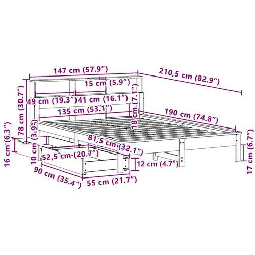 VidaXL Krevet s regalom za knjige bez madraca 135x190 cm od borovine Slike