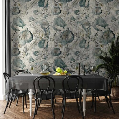  Foto tapeta - Autumn souvenirs - cool grey floral pattern with leaves 147x105 Slike