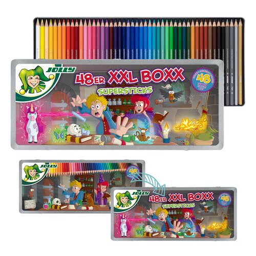Jolly DRVENE BOJICE Superstick KINDERFEST XXL, sort, metalna kutija s 48 dijelova - MAGIČNI POKLOPAC KUTIJE - LIMITIRANO IZDANJE Slike