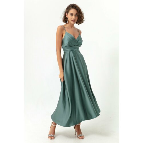 Lafaba Women's Satin Midi Evening Dress &; Prom Dress with Turquoise Rope Straps and Waist Belt. Slike