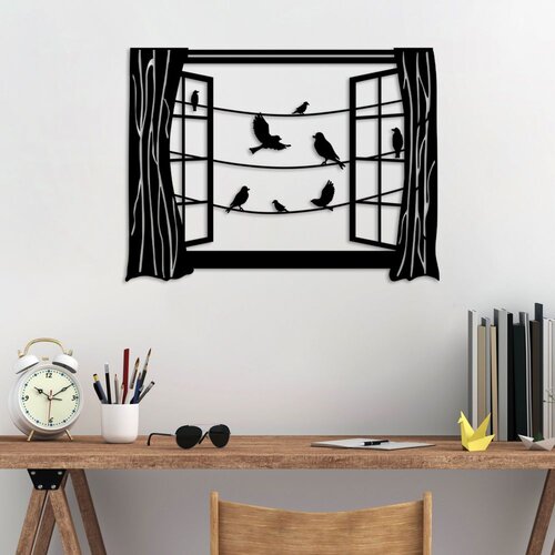 Wallity Zidna dekoracija Ptice ispred prozora - 4, 50 x 38 cm, Crna Cene