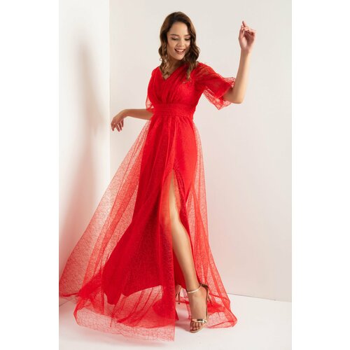Lafaba Women's Red Balloon Sleeve Silvery Long Evening Dress Cene
