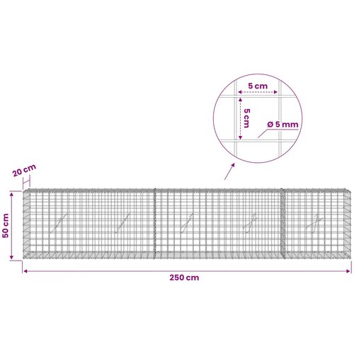  Gabion s 5 mm žicom i mrežom 5x5 cm 250x20x50 cm Slike