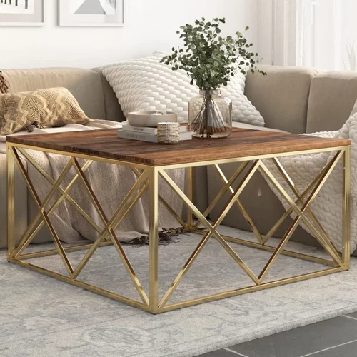  Stolić za kavu zlatni od nehrđajućeg čelika i drva za pragove
