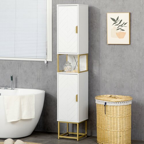 Kleankin Kopalniški stolp z dvema omaricama in odprtim predalom, MDF in jeklena omarica za varčevanje s prostorom, 30x30x170,7 cm, bela in zlata, (20754146) Cene