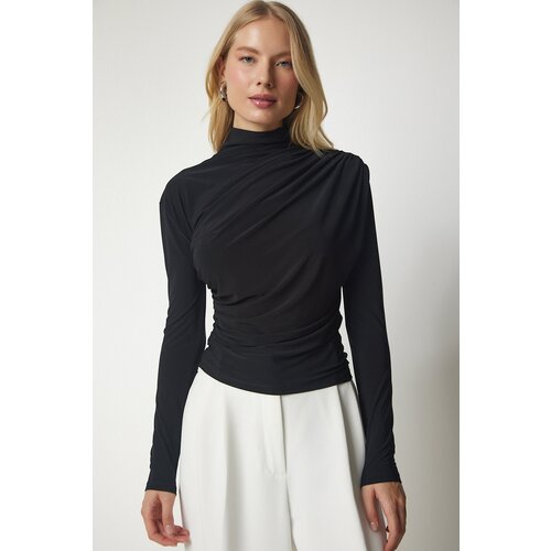  Women's Black Shirred Detail Standing Collar Sandy Blouse Cene