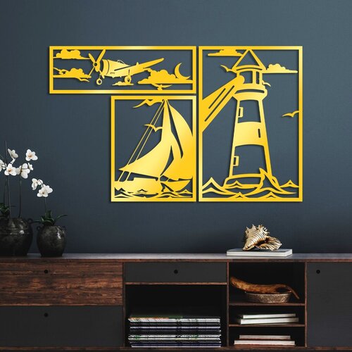 Wallity zidna dekoracija lighthouse trio g, 60 x 40 cm, zlatne boje Cene