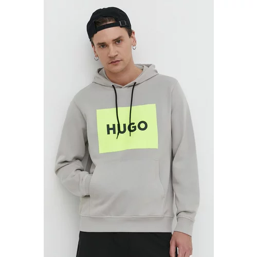 Hugo Bombažen pulover moška, siva barva, s kapuco