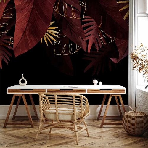  Foto tapeta - Jungle and composition - red and gold leaf motif on black background 400x280 Slike