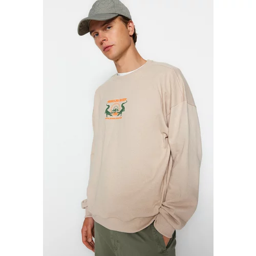 Trendyol Men's Beige Oversize/Wide-Cut Animal Print Fleece Inner Sweatshirt