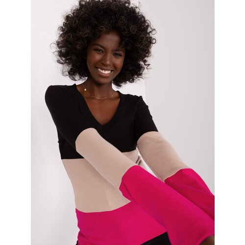 Fashion Hunters Ecru-fuchsia basic blouse with long sleeves Slike