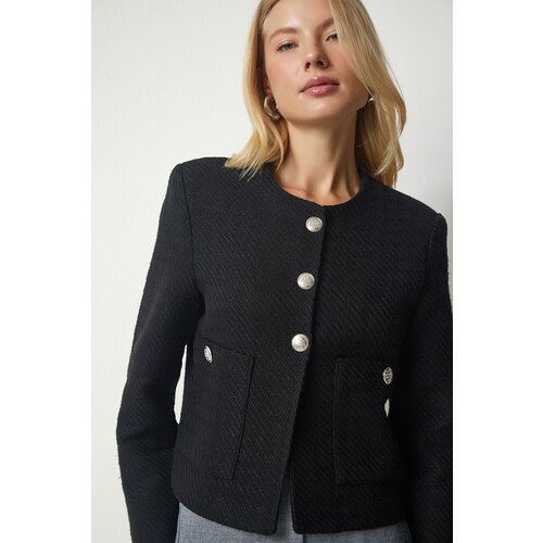 Happiness İstanbul Women's Black Buttoned Tweed Jacket Slike
