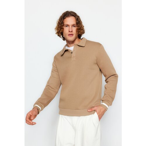 Trendyol Mink Men's Oversize Buttoned Polo Collar with Striped Sleeves, Fleece Inner Sweatshirt. Slike