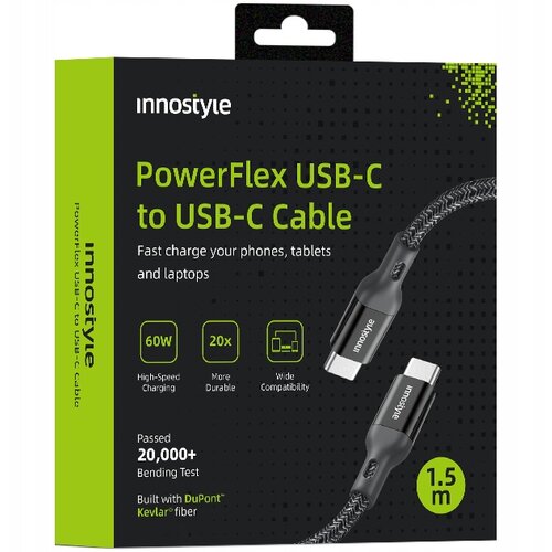 Innostyle POWERFLEX USB-C KABEL ZA HITRO POLNJENJE ZA IPHONE SAMSUNG 3A 60W KEVLAR 2M ČRN, (21748109) Cene