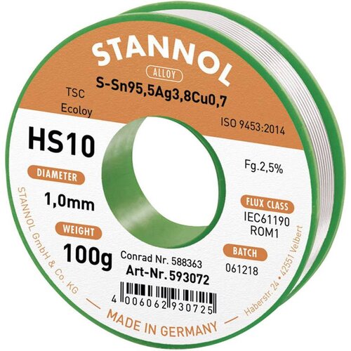Stannol HS10 2510 spajkalna žica\, neosvinčena tuljava Sn95\,5Ag3\,8Cu0\,7 ROM1 100 g 1 mm, (20428538) Slike