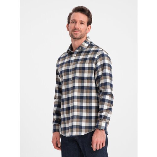 Ombre Classic men's flannel check cotton shirt - brown and navy blue Cijene