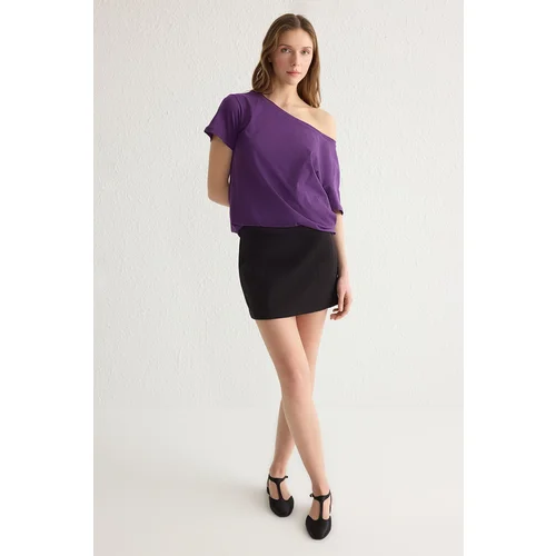 Trendyol Purple 100% Cotton Boyfriend Boat Neck Knitted T-Shirt