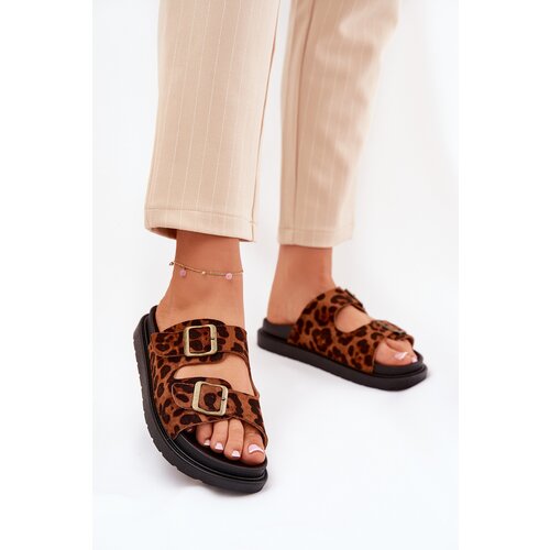 Boto Women's Platform Slides With Leopard Print And Buckles Brown Simbes Cene