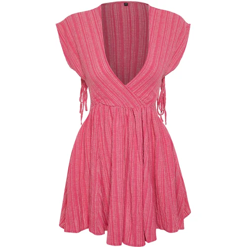 Trendyol Fuchsia Mini Woven Cut Out/Window Linen Blend Beach Dress