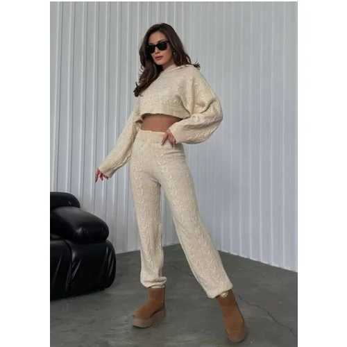 Laluvia Cream Hooded Knitted Crop Knitwear Suit with Elastic Waist Legs