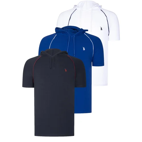 Dewberry TRIPLE SET T8570 HOODIE MEN'S T-SHIRT-NAVY BLUE-WHITE-SAKS