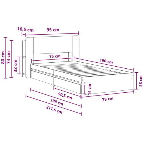  Okvir kreveta s pohranom s ladicama Dimljeni hrast 75 x 190 cm Slike