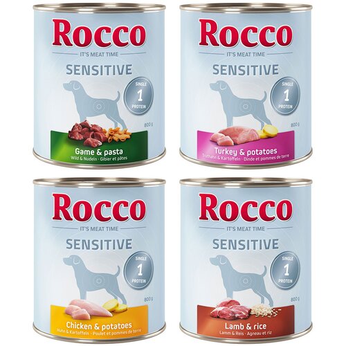  Varčno pakiranje Rocco Sensitive 24 x 800 g - Miks: piščanec, jagnjetina, divjačina & puran Cene