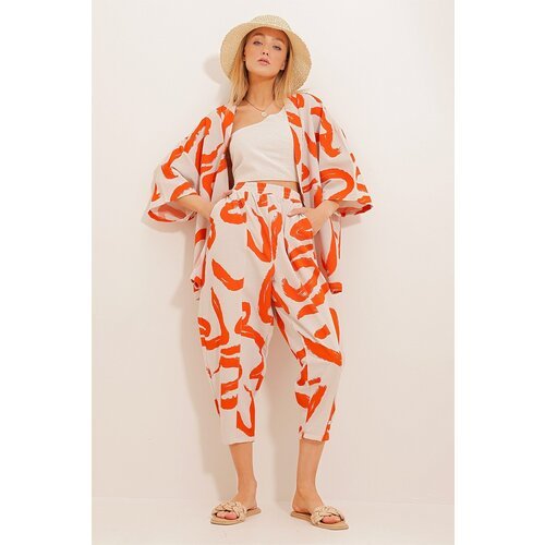 Trend Alaçatı Stili Women's Orange Patterned Baggy Pants And Kimono Set Slike
