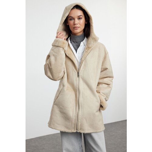 Trendyol Ecru Oversize Double Sided Hooded Suede-Plush Coat Slike