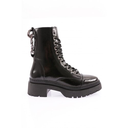 DGN K9012 Women's Thick Chain Accessory Boots Black Wrinkled Patent Leather Cene