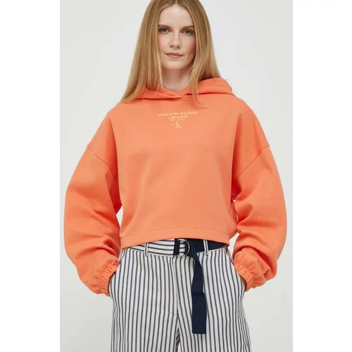 Calvin Klein Jeans Pulover ženska, oranžna barva, s kapuco