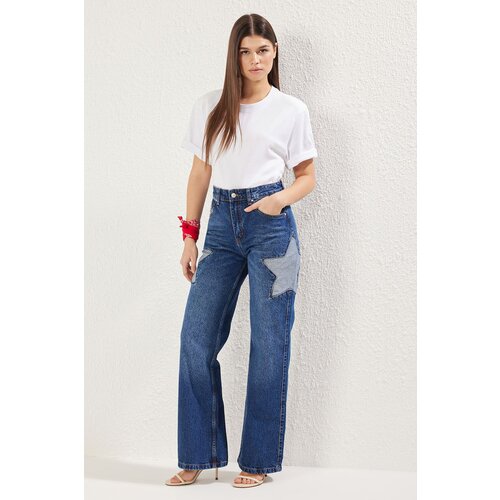 Trendyol Blue Star Detailed High Waist Wide Leg Jeans Slike