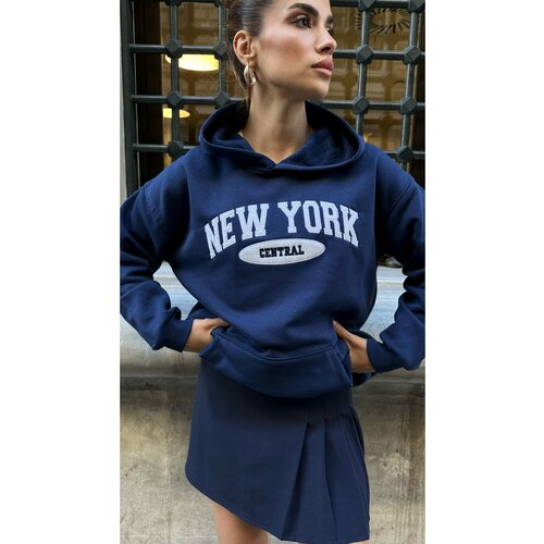 Laluvia Navy Blue Premium Cotton New York Print Hooded Sweatshirt Slike