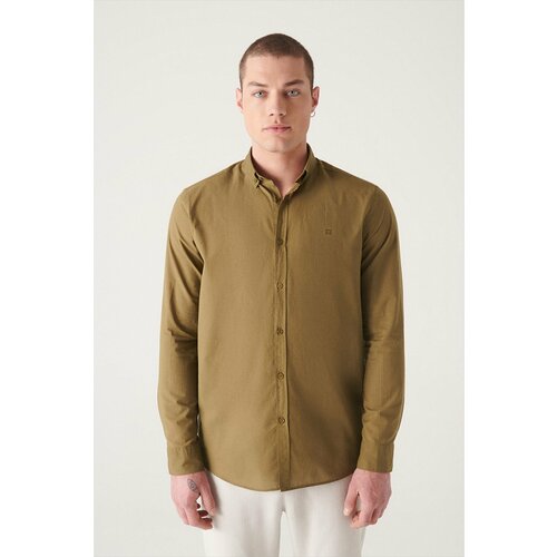Avva Men's Khaki 100% Cotton Thin Soft Touch Buttoned Collar Long Sleeve Standard Fit Normal Cut Shirt Slike