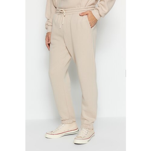 Trendyol Stone Men's Oversized Basic Hoodie, Elasticated Legs, Basic Inside, Soft Pile Cotton Tracksuit Set. Slike