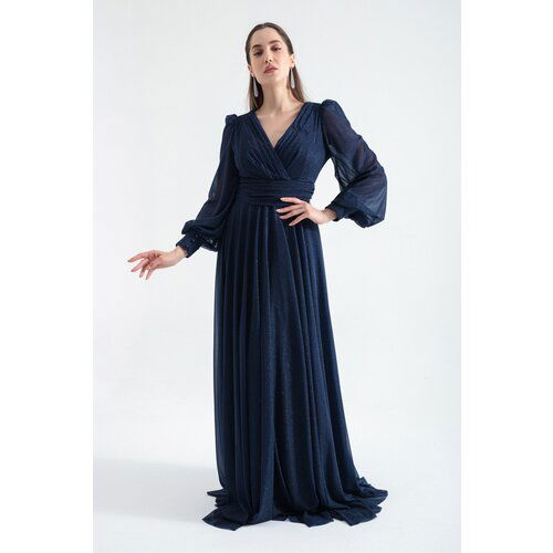 Lafaba Women's Navy Blue V-Neck Glittery Long Evening Dress Slike