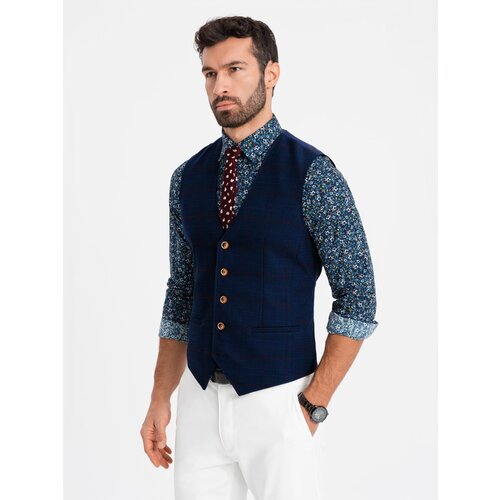 Ombre Men's vest without lapels in delicate check - navy blue Cene