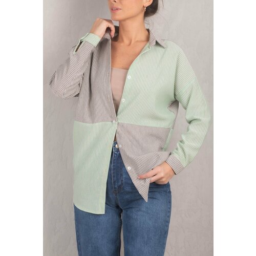 armonika Women's Green Striped Two Color Long Sleeve Loose Shirt Slike