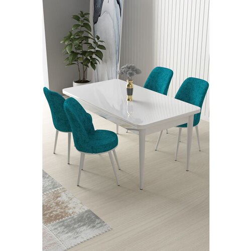 Hanah home Nil - White, Turquoise WhiteTurquoise Dining Table & Chairs Set (5 Pieces) Cene