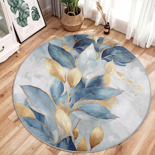 Mila Home modra/zlata pralna okrogla preproga &amp;oslash; 100 cm golden leaves &amp;ndash; Slike