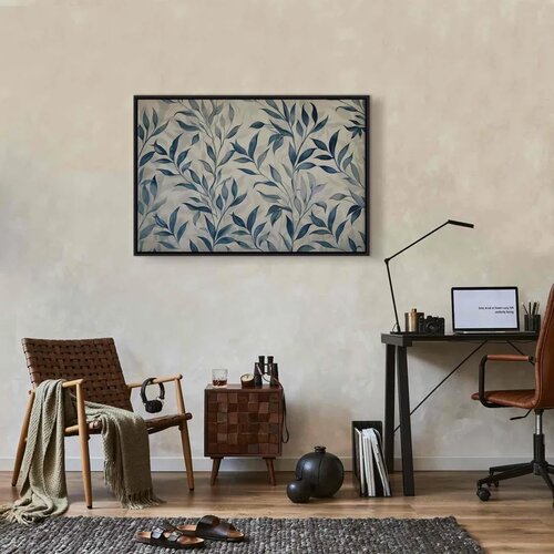  Slika - Leaves in Blue Color Delicate Botanical Motif 90x60 U crnom drvenom okviru Slike