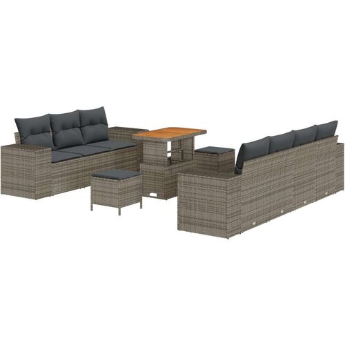  10-dijelni vrtni sofa set s jastučićima Sivi Poli Ratan Akacija  Vrtna garnitura - 3-dijelni vrtni blagovaonski set s jastučićim Cijene