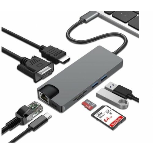 E-green adapter USB 3.1 Tip C (M) - HDMI+VGA+2X 3.0 USB + tip C + SD (F) Slike