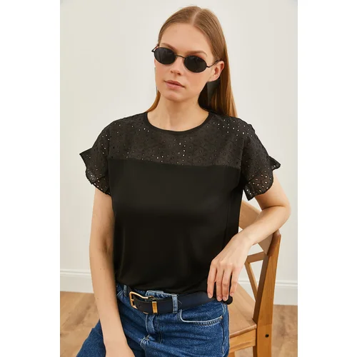 Olalook Women's Black Top Scallop Sleeve Flounce T-Shirt